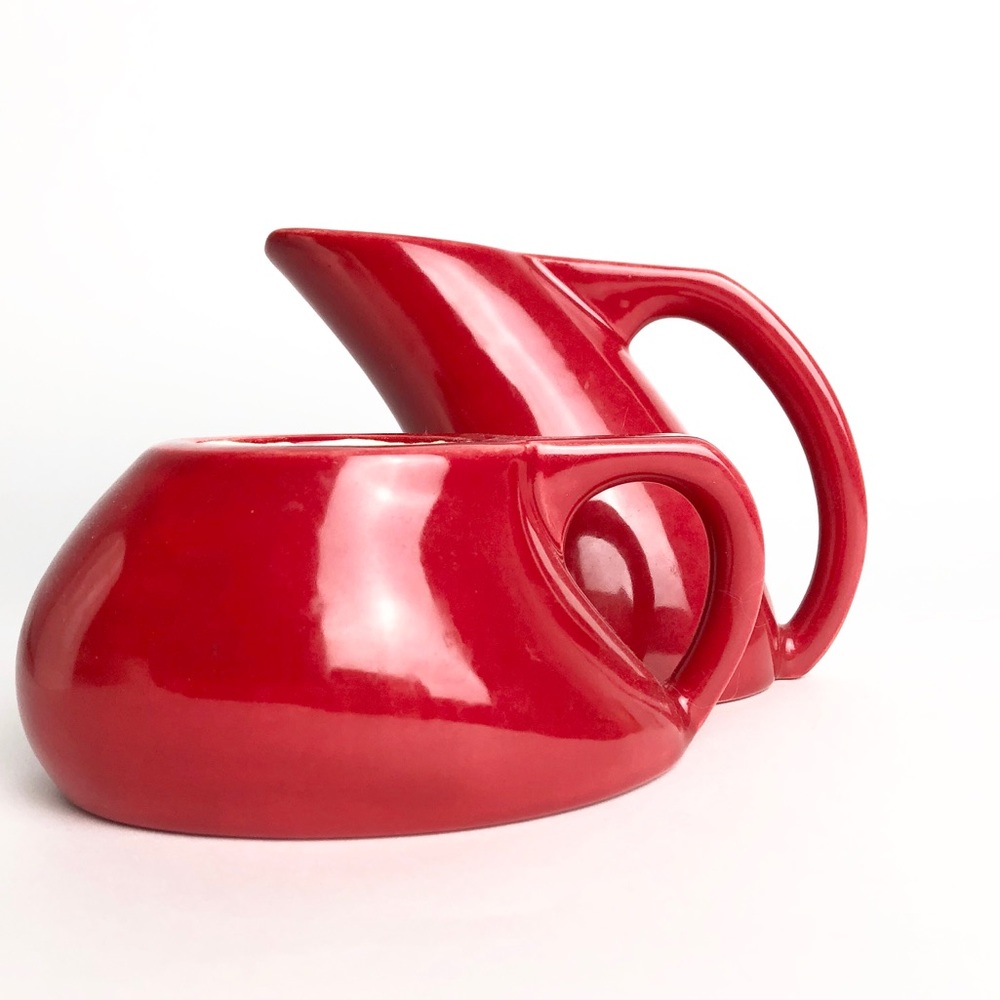 Ceramic Red Mid century lines sugar & creamer set